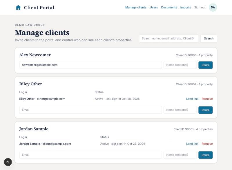 The Manage clients page with invite forms